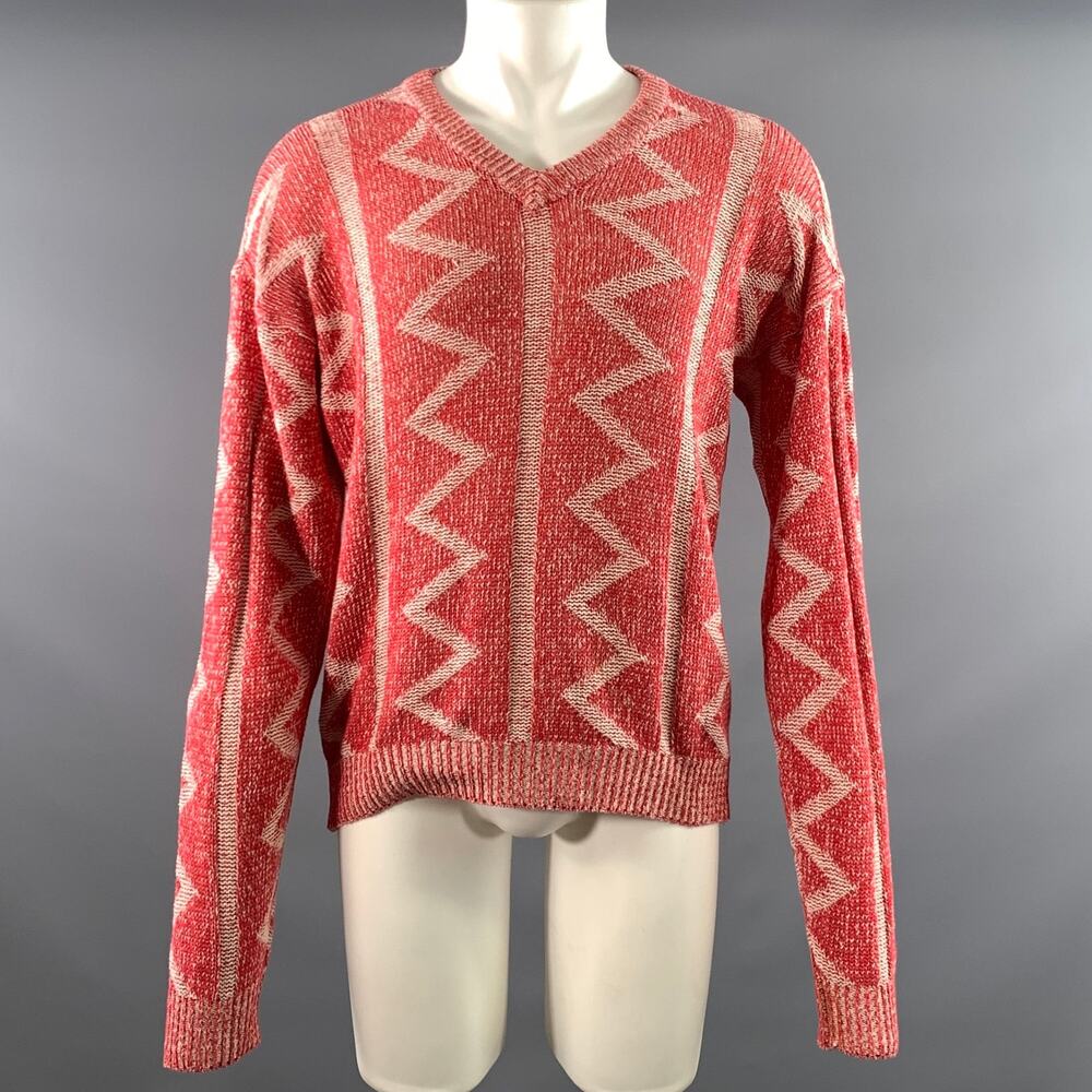 GIORGIO ARMANI Size M Red White Knit Cotton Blend V Neck Sweater